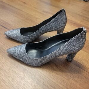 Michael Kors Silver Glitter Block Heel Pointed Toe Pumps
